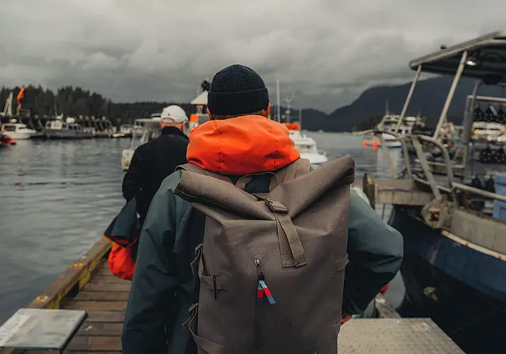 Passengers boarding a whale watching tour boat in Tofino